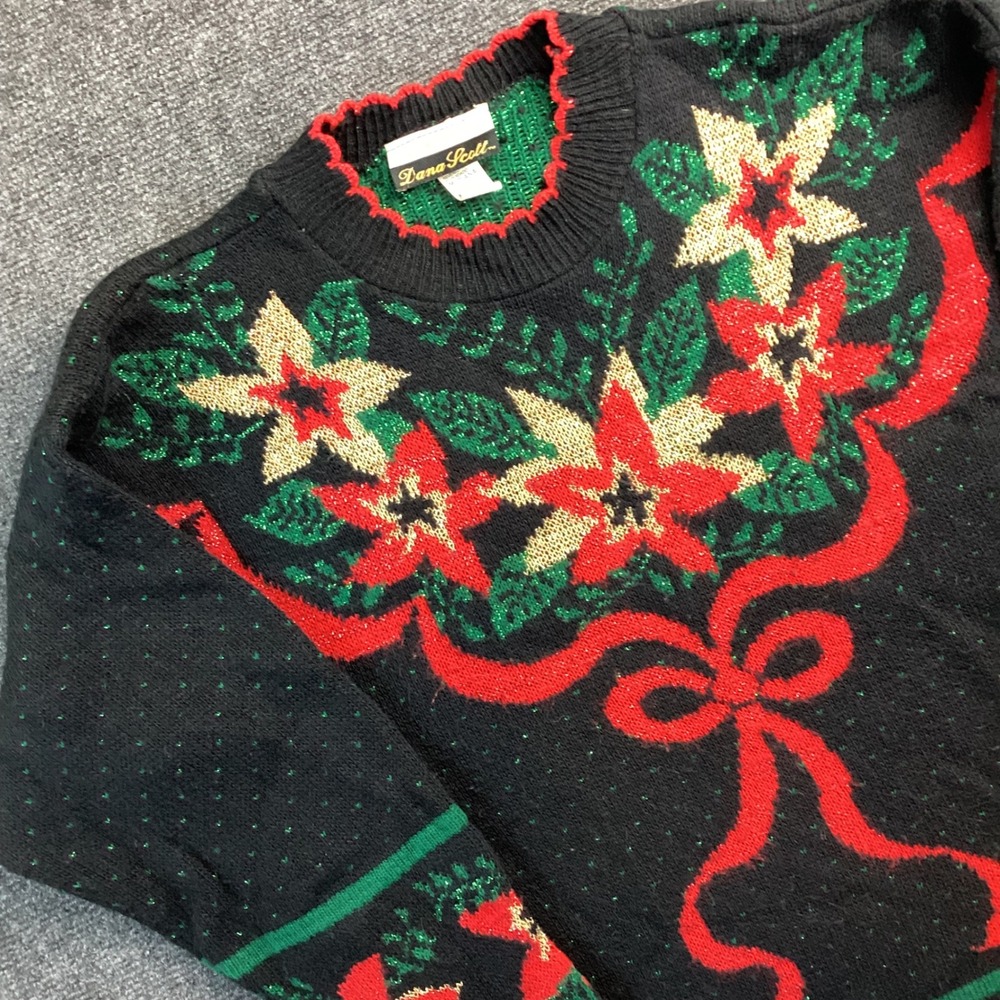 Vintage Dana Scott Christmas Sweater Womens Med Black Poinsettia Lurex USA 222